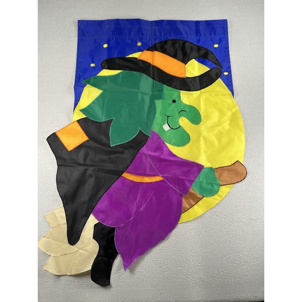 Halloween Nylon House Garden Flag Witch on a Broom 24"x37" VTG 90s
